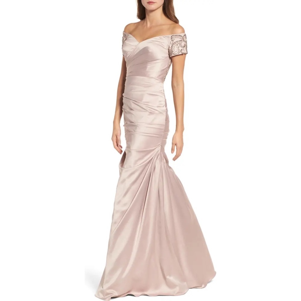 La FEMME Off the Shoulder Beaded Satin Trumpet Gown ❤️IN STORES❤️